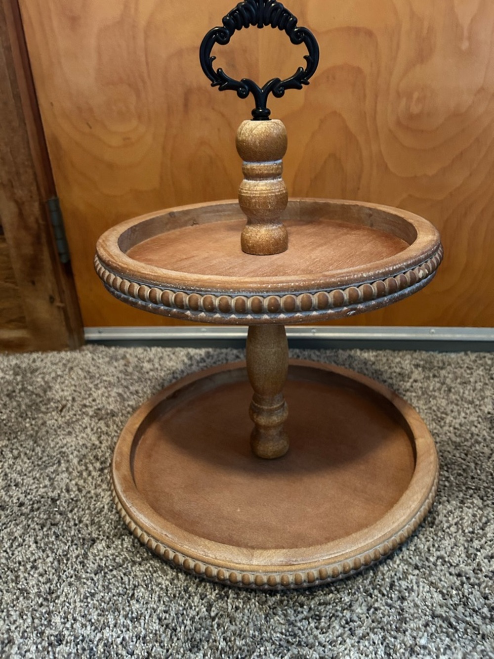 Two-Tier Wooden Serving Stand with Ornate Handle